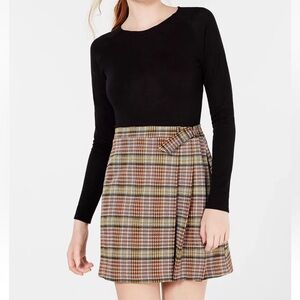 NWT Teeze Me Junior's Knit Top & Plaid Skirt Dress Black Amber Size 3/4